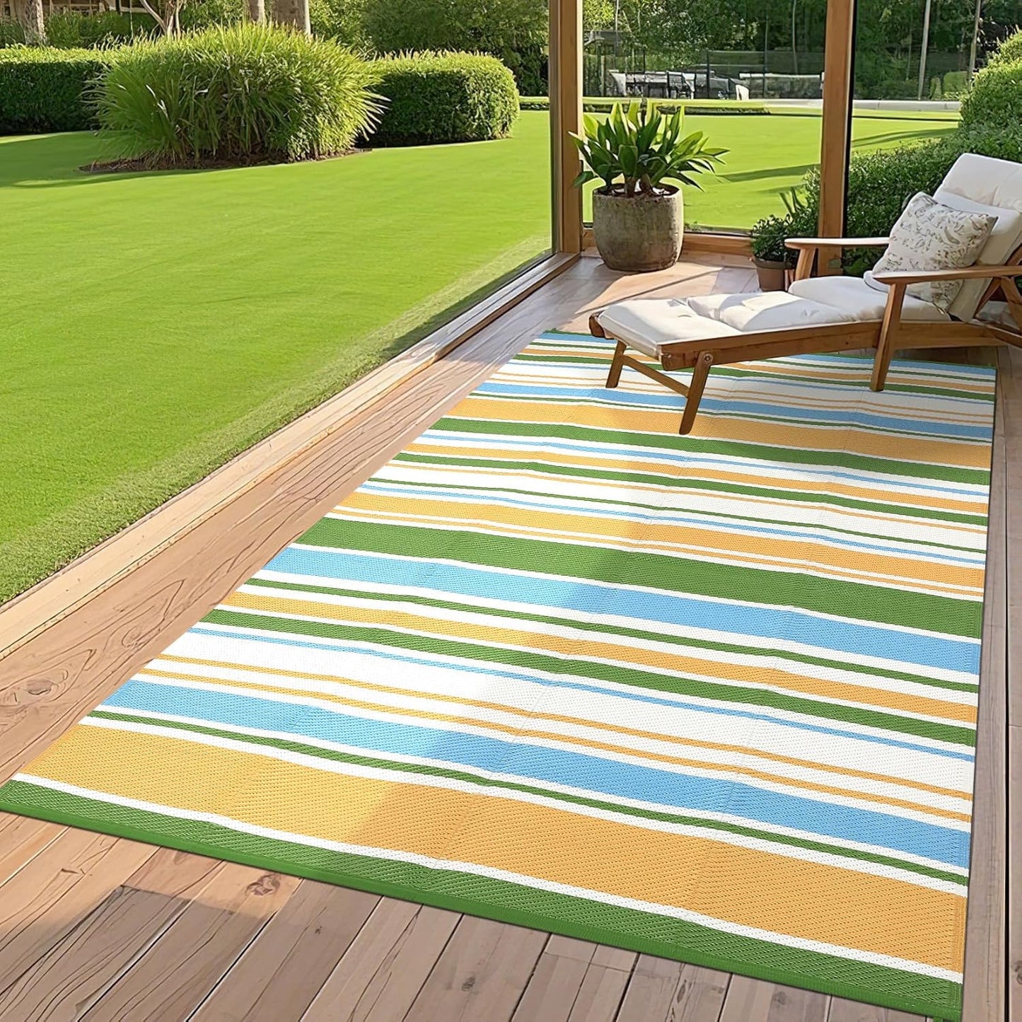 Waterproof Outdoor Rug 8x10, Modern Line Reversible Plastic Straw Patio Camping Rugs, Outdoor Indoor RV Mat Carpet for, Outside Entry, Backyard, Deck, Bench, Picnic, Camper，Yellow/Multi