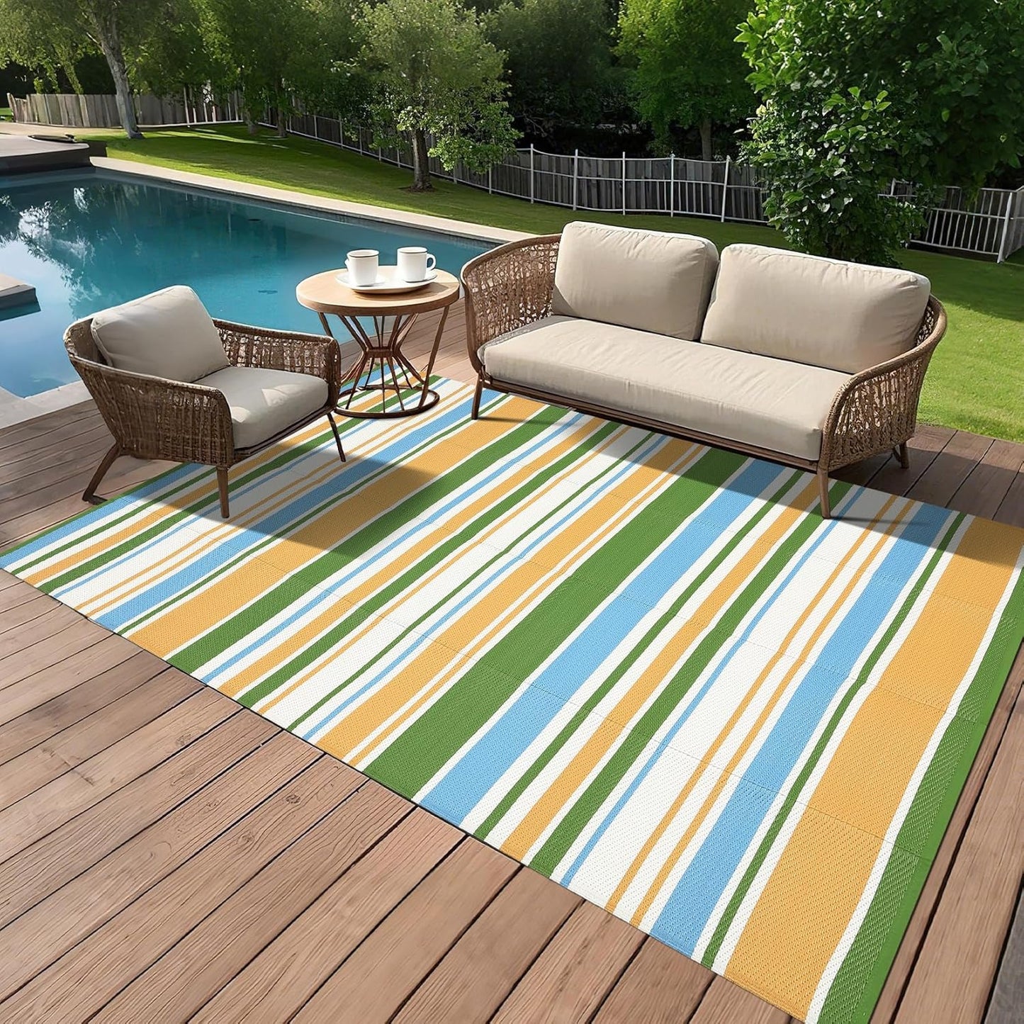 Waterproof Outdoor Rug 8x10, Modern Line Reversible Plastic Straw Patio Camping Rugs, Outdoor Indoor RV Mat Carpet for, Outside Entry, Backyard, Deck, Bench, Picnic, Camper，Yellow/Multi