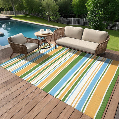 Waterproof Outdoor Rug 8x10, Modern Line Reversible Plastic Straw Patio Camping Rugs, Outdoor Indoor RV Mat Carpet for, Outside Entry, Backyard, Deck, Bench, Picnic, Camper，Yellow/Multi