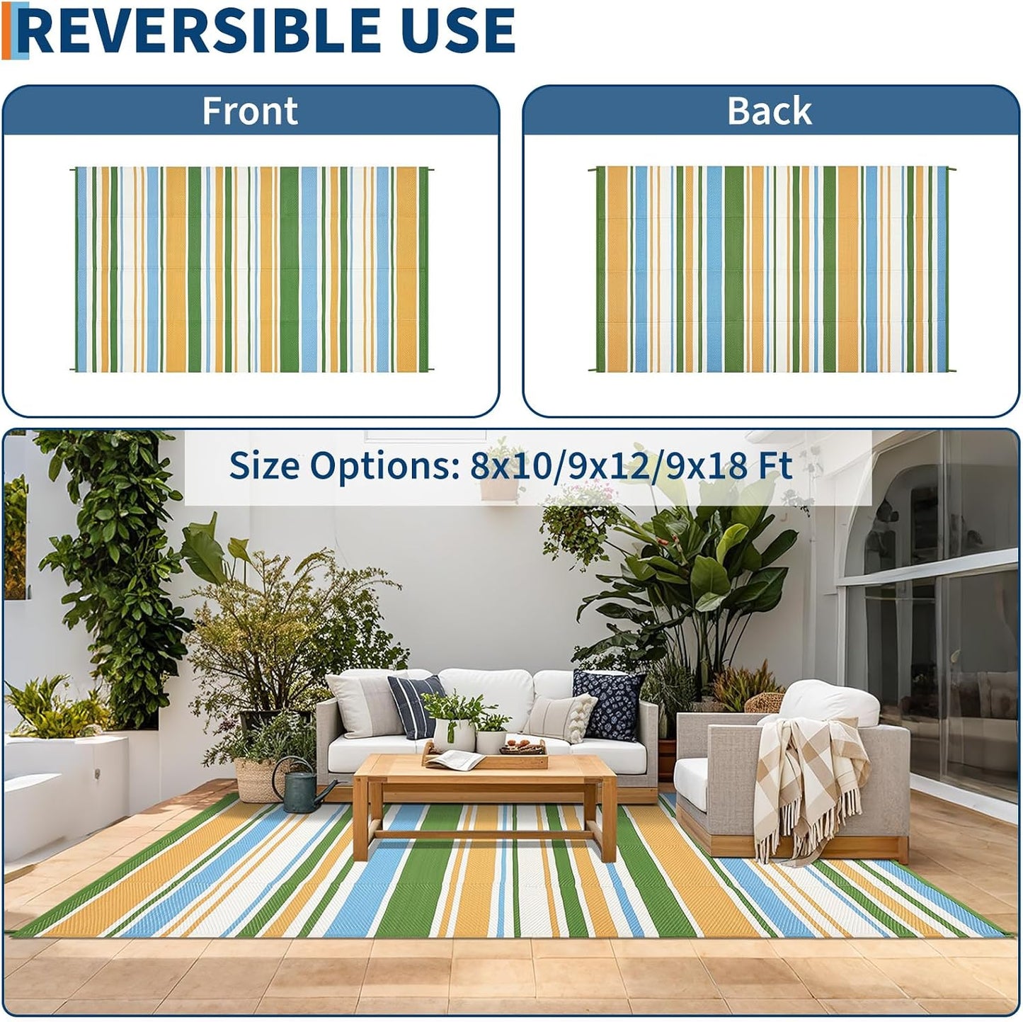 Waterproof Outdoor Rug 8x10, Modern Line Reversible Plastic Straw Patio Camping Rugs, Outdoor Indoor RV Mat Carpet for, Outside Entry, Backyard, Deck, Bench, Picnic, Camper，Yellow/Multi