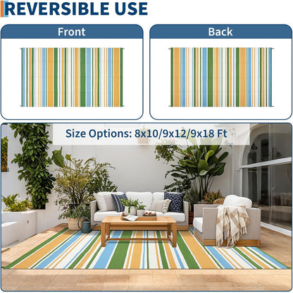 Waterproof Outdoor Rug 8x10, Modern Line Reversible Plastic Straw Patio Camping Rugs, Outdoor Indoor RV Mat Carpet for, Outside Entry, Backyard, Deck, Bench, Picnic, Camper，Yellow/Multi