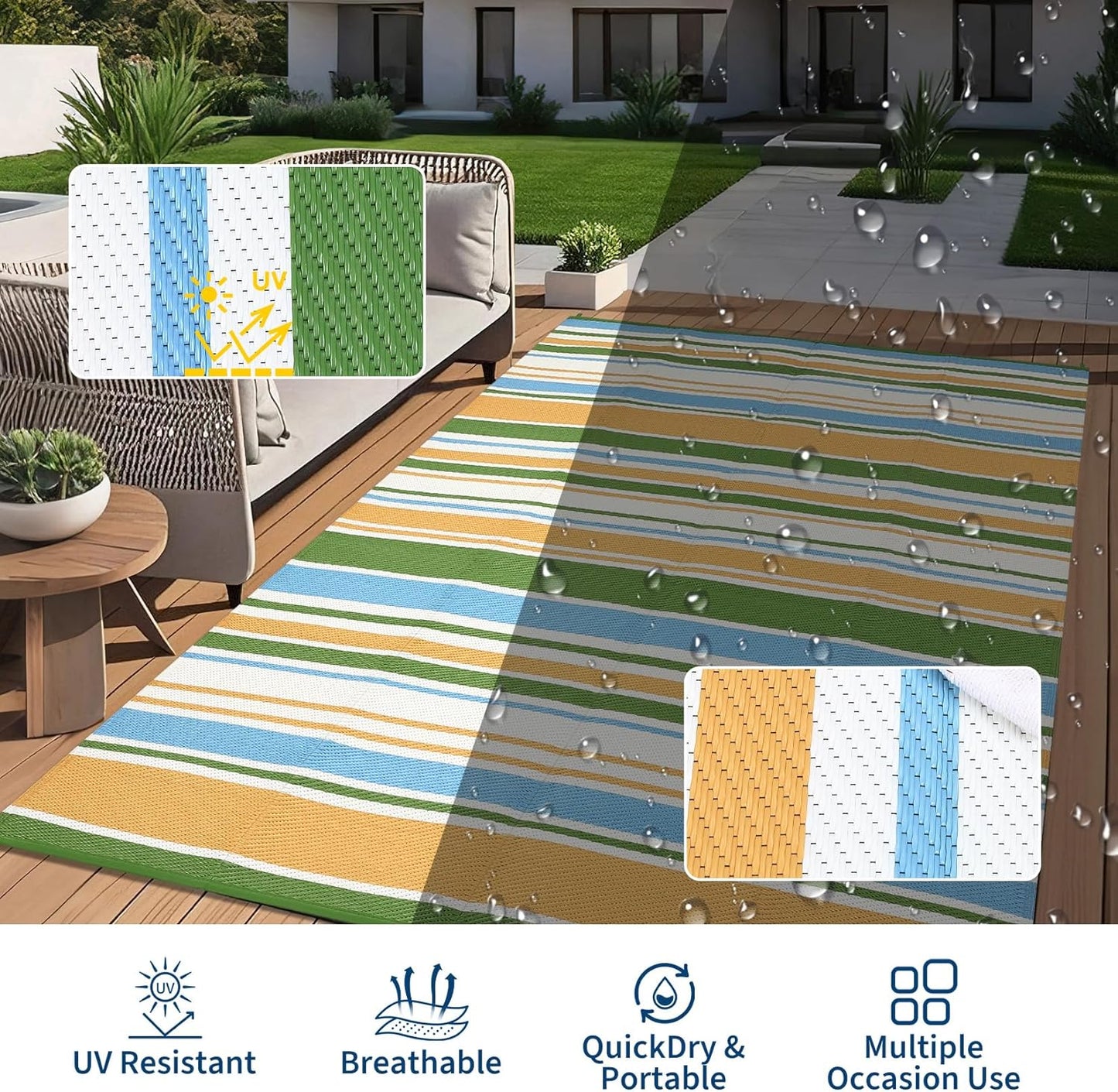 Waterproof Outdoor Rug 8x10, Modern Line Reversible Plastic Straw Patio Camping Rugs, Outdoor Indoor RV Mat Carpet for, Outside Entry, Backyard, Deck, Bench, Picnic, Camper，Yellow/Multi