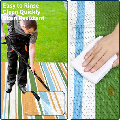 Waterproof Outdoor Rug 8x10, Modern Line Reversible Plastic Straw Patio Camping Rugs, Outdoor Indoor RV Mat Carpet for, Outside Entry, Backyard, Deck, Bench, Picnic, Camper，Yellow/Multi
