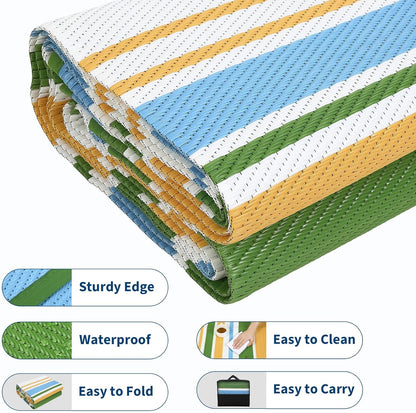 Waterproof Outdoor Rug 8x10, Modern Line Reversible Plastic Straw Patio Camping Rugs, Outdoor Indoor RV Mat Carpet for, Outside Entry, Backyard, Deck, Bench, Picnic, Camper，Yellow/Multi