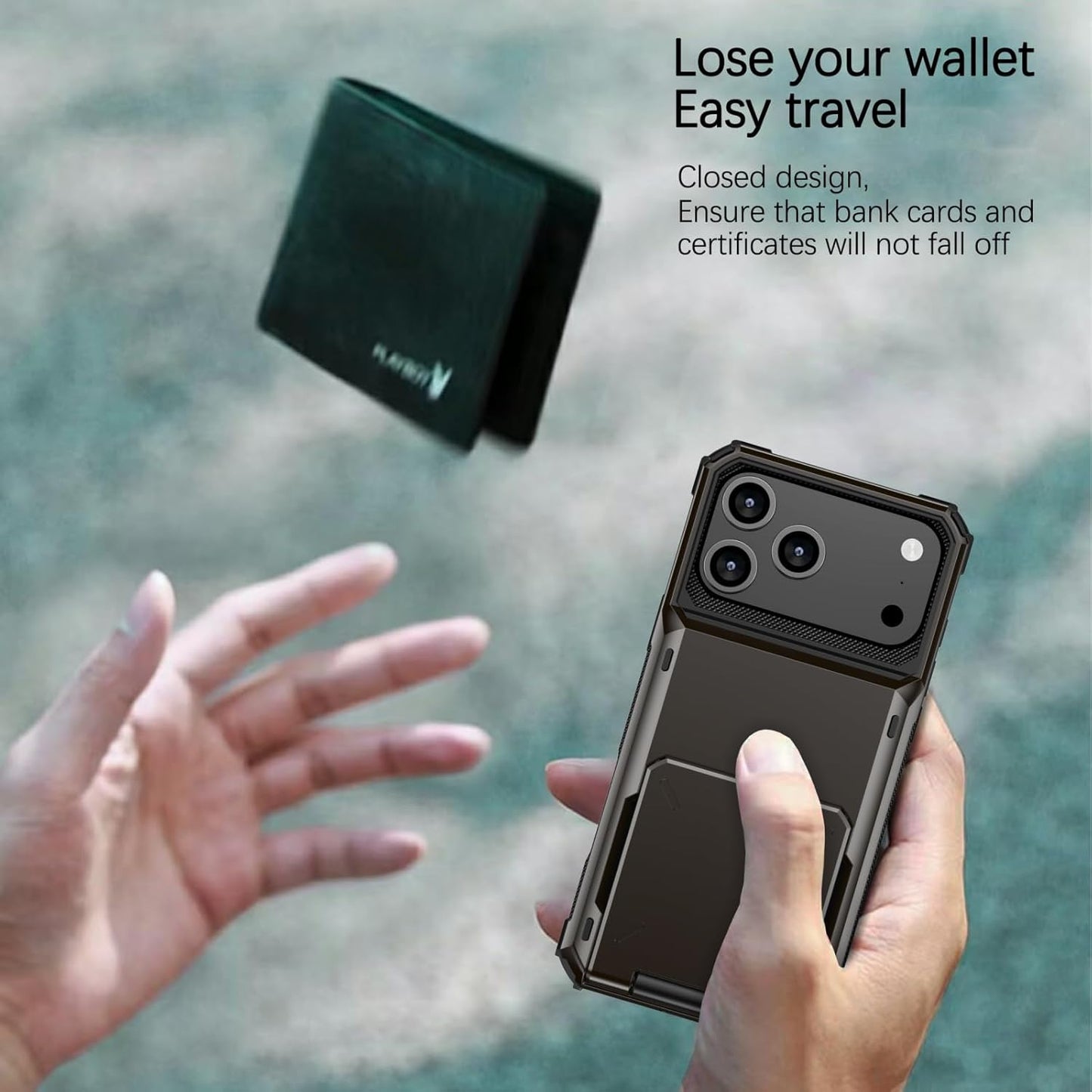 Case for iPhone 17 Pro Max, Rugged Wallet Shockproof TPU + PC Dual Layer Protective Cover with Hidden Card Holder, Yellow