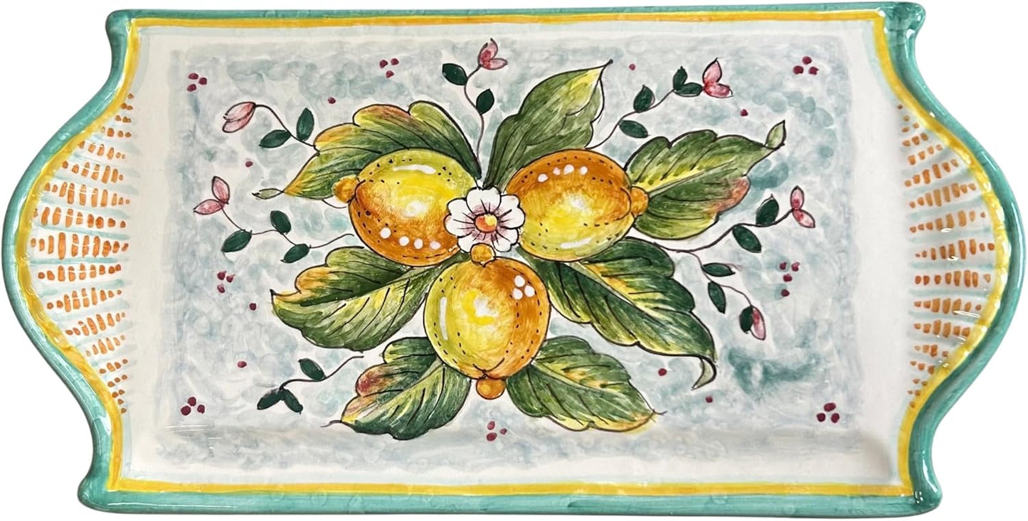 Italian Ceramic Art Cheese Tray Plate Appetizer Centerpieces Decorated Lemons Hand Painted Pottery Made in Italy Tuscan