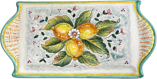 Italian Ceramic Art Cheese Tray Plate Appetizer Centerpieces Decorated Lemons Hand Painted Pottery Made in Italy Tuscan