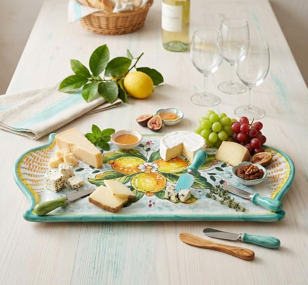 Italian Ceramic Art Cheese Tray Plate Appetizer Centerpieces Decorated Lemons Hand Painted Pottery Made in Italy Tuscan