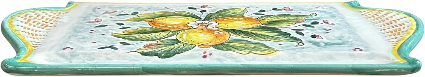 Italian Ceramic Art Cheese Tray Plate Appetizer Centerpieces Decorated Lemons Hand Painted Pottery Made in Italy Tuscan