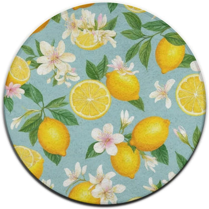 Home Decor Non Slip Machine Washable Kitchen Office Circle Rug, Room Sofa Yoga Soft Round Carpet, Modern Round Area Rug Tropical Fruits Mint Green Leaves Flowers Watercolor Lemon, 60inch