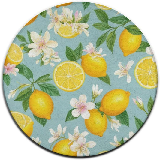 Home Decor Non Slip Machine Washable Kitchen Office Circle Rug, Room Sofa Yoga Soft Round Carpet, Modern Round Area Rug Tropical Fruits Mint Green Leaves Flowers Watercolor Lemon, 60inch