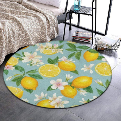 Home Decor Non Slip Machine Washable Kitchen Office Circle Rug, Room Sofa Yoga Soft Round Carpet, Modern Round Area Rug Tropical Fruits Mint Green Leaves Flowers Watercolor Lemon, 60inch