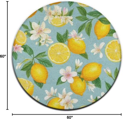 Home Decor Non Slip Machine Washable Kitchen Office Circle Rug, Room Sofa Yoga Soft Round Carpet, Modern Round Area Rug Tropical Fruits Mint Green Leaves Flowers Watercolor Lemon, 60inch