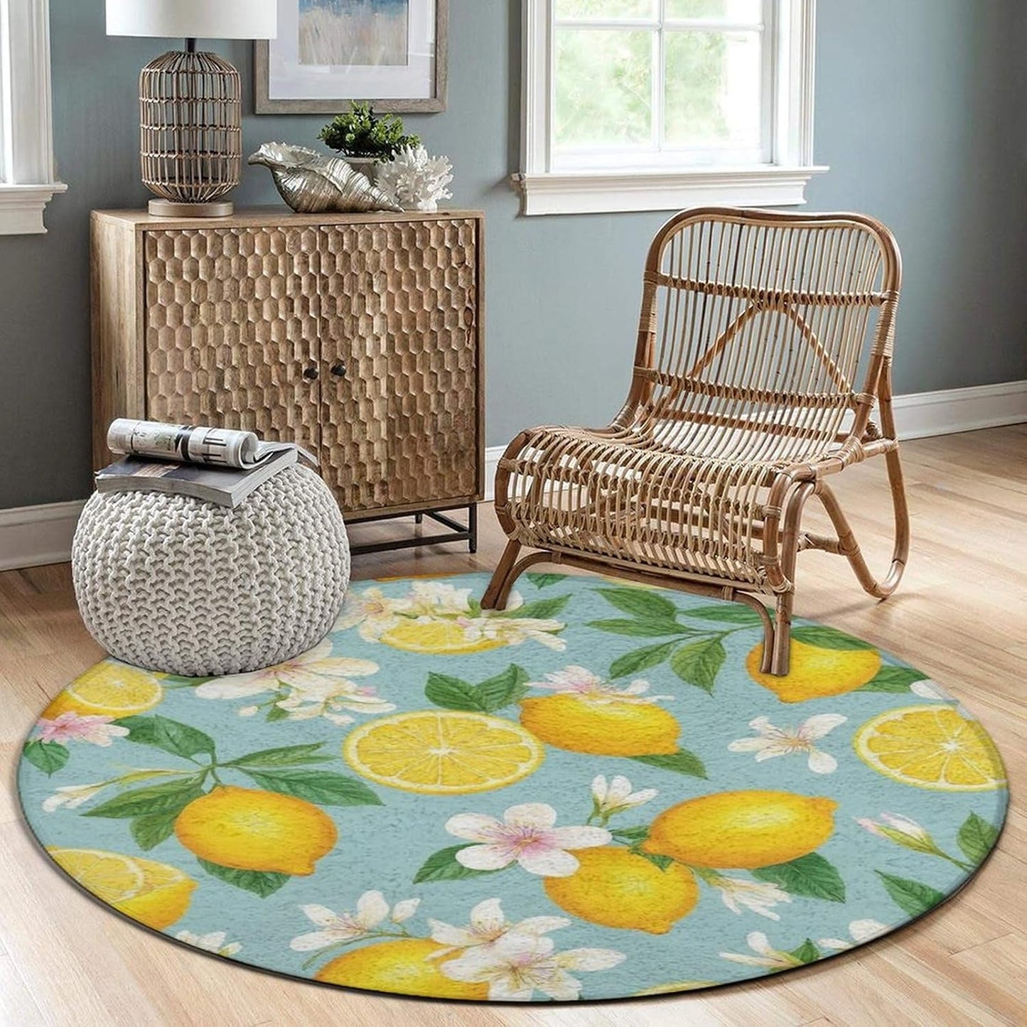 Home Decor Non Slip Machine Washable Kitchen Office Circle Rug, Room Sofa Yoga Soft Round Carpet, Modern Round Area Rug Tropical Fruits Mint Green Leaves Flowers Watercolor Lemon, 60inch