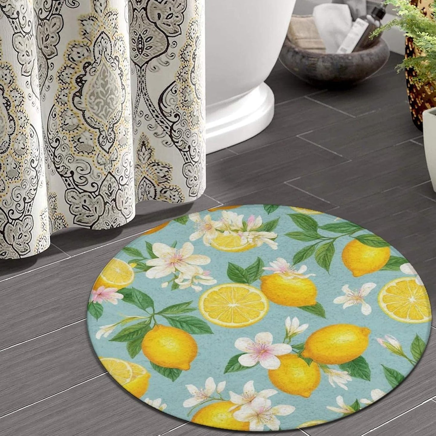 Home Decor Non Slip Machine Washable Kitchen Office Circle Rug, Room Sofa Yoga Soft Round Carpet, Modern Round Area Rug Tropical Fruits Mint Green Leaves Flowers Watercolor Lemon, 60inch