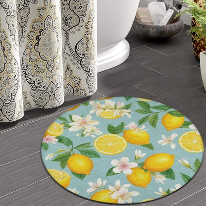 Home Decor Non Slip Machine Washable Kitchen Office Circle Rug, Room Sofa Yoga Soft Round Carpet, Modern Round Area Rug Tropical Fruits Mint Green Leaves Flowers Watercolor Lemon, 60inch