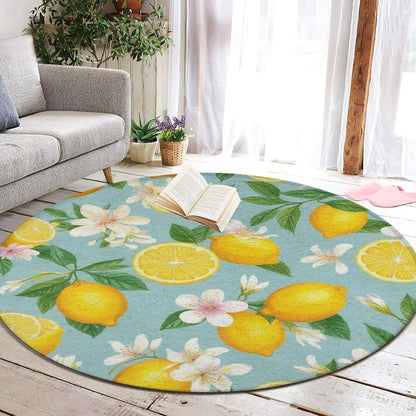 Home Decor Non Slip Machine Washable Kitchen Office Circle Rug, Room Sofa Yoga Soft Round Carpet, Modern Round Area Rug Tropical Fruits Mint Green Leaves Flowers Watercolor Lemon, 60inch