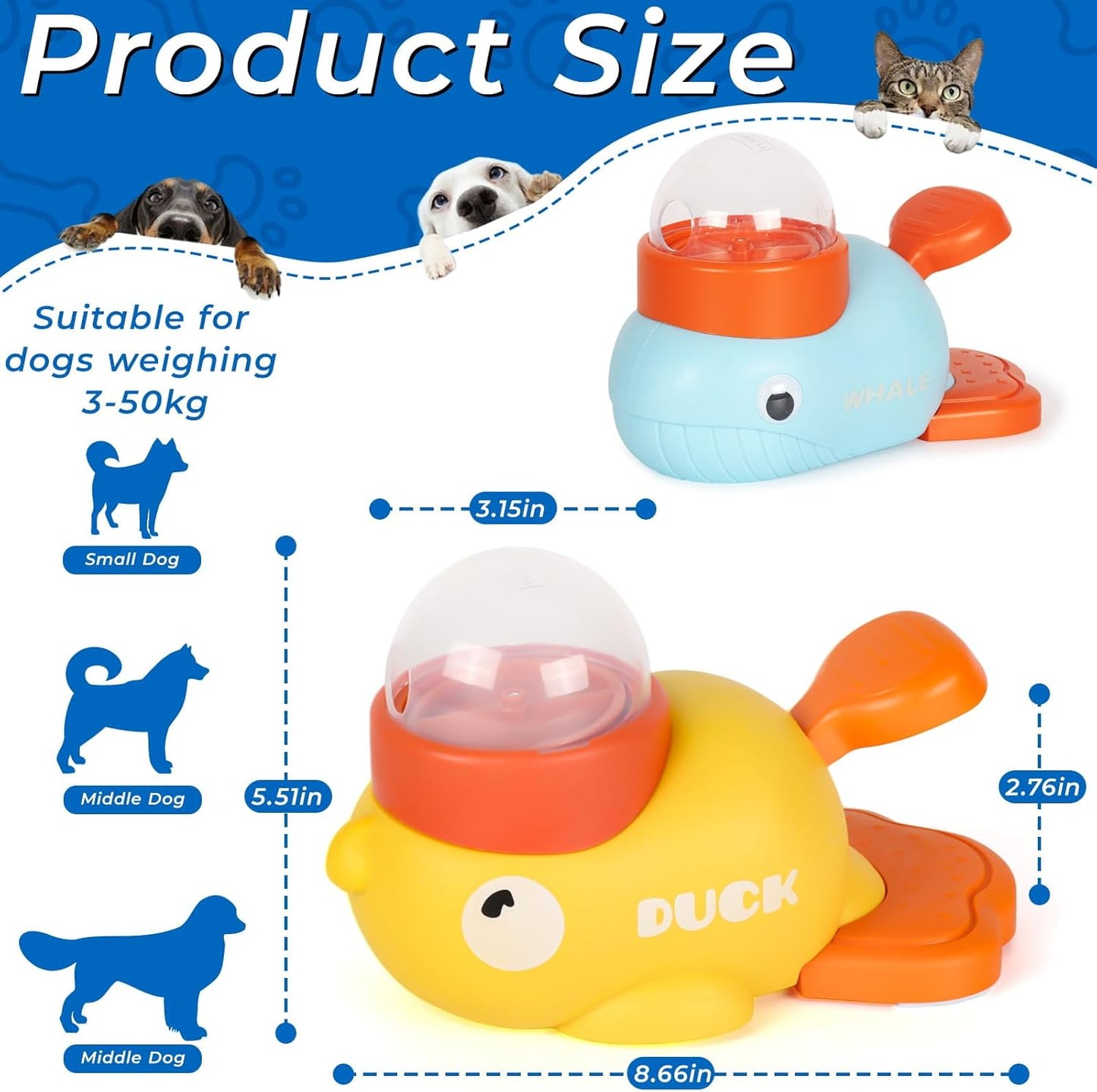 Anxuyixin2-in-1 Duck Shaped Interactive Pet Puzzle Toy, Slow Food Dispenser (Yellow Duck and Blue Whale Shaped with Buttons), Cat and Dog Snack Dispenser Feeding Toy