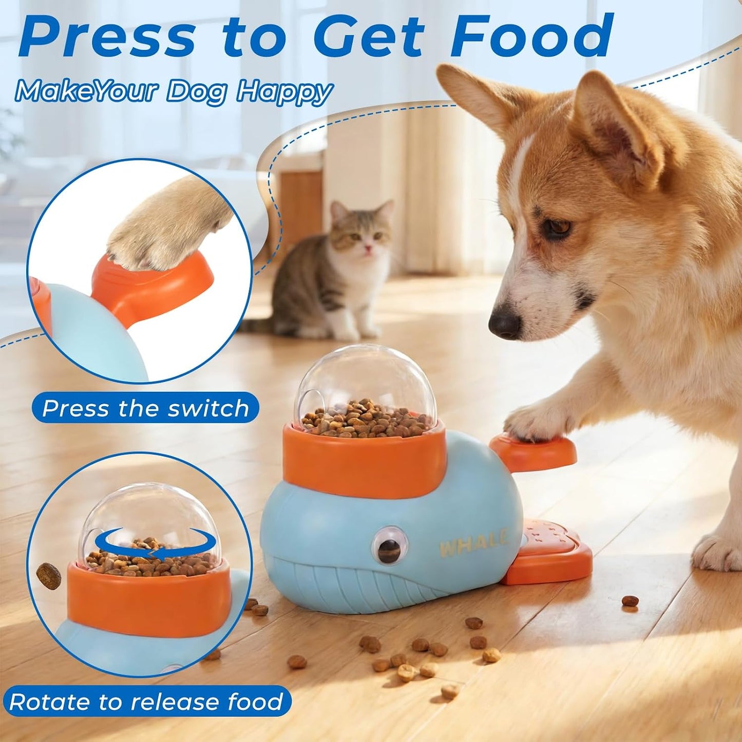 Anxuyixin2-in-1 Duck Shaped Interactive Pet Puzzle Toy, Slow Food Dispenser (Yellow Duck and Blue Whale Shaped with Buttons), Cat and Dog Snack Dispenser Feeding Toy