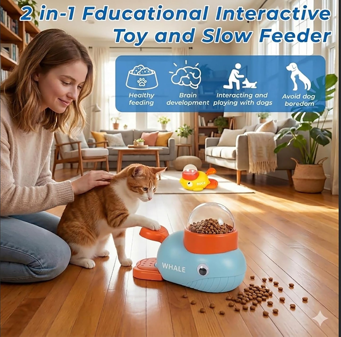 Anxuyixin2-in-1 Duck Shaped Interactive Pet Puzzle Toy, Slow Food Dispenser (Yellow Duck and Blue Whale Shaped with Buttons), Cat and Dog Snack Dispenser Feeding Toy