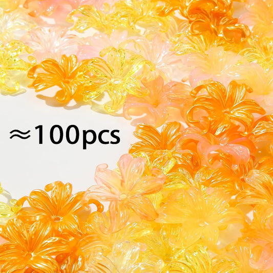 100pcs Iris Flower Beads Yellow Flower Beads Lily Shape Beads for DIY Crafts Bracelet Necklace Earrings Jewelry Making(Green)(Yellow)