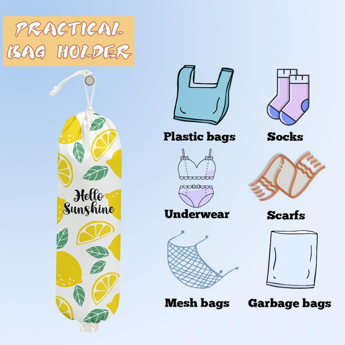Lemon Plastic Bag Holder, Lemon Gifts for Women Mom Grandma | Wall Mount Grocery Bag Holder, Plastic Storage bag, Lemon Storage Organizer Reusable Grocery Bags, Pull Rope Free Adjustment