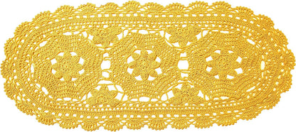 Handmade Crochet Lace Doily Oval Placemat, 10" x 22", Yellow | 3 Flowers Hollow Design, Pack of 1 PC, Wedding & Home Decor, Table Desk Vase Mat