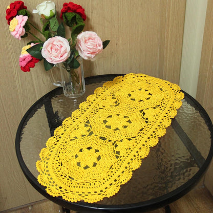 Handmade Crochet Lace Doily Oval Placemat, 10" x 22", Yellow | 3 Flowers Hollow Design, Pack of 1 PC, Wedding & Home Decor, Table Desk Vase Mat