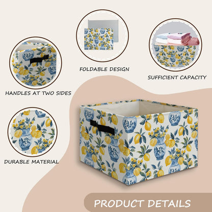 Chinoiserie Italian Lemon Floral Foldable Storage Bins Box with Handles, Mediterranean Blue and White Lemon Botanical Collapsible Organizer Basket for Bedroom Bathroom Clothes Toys Books