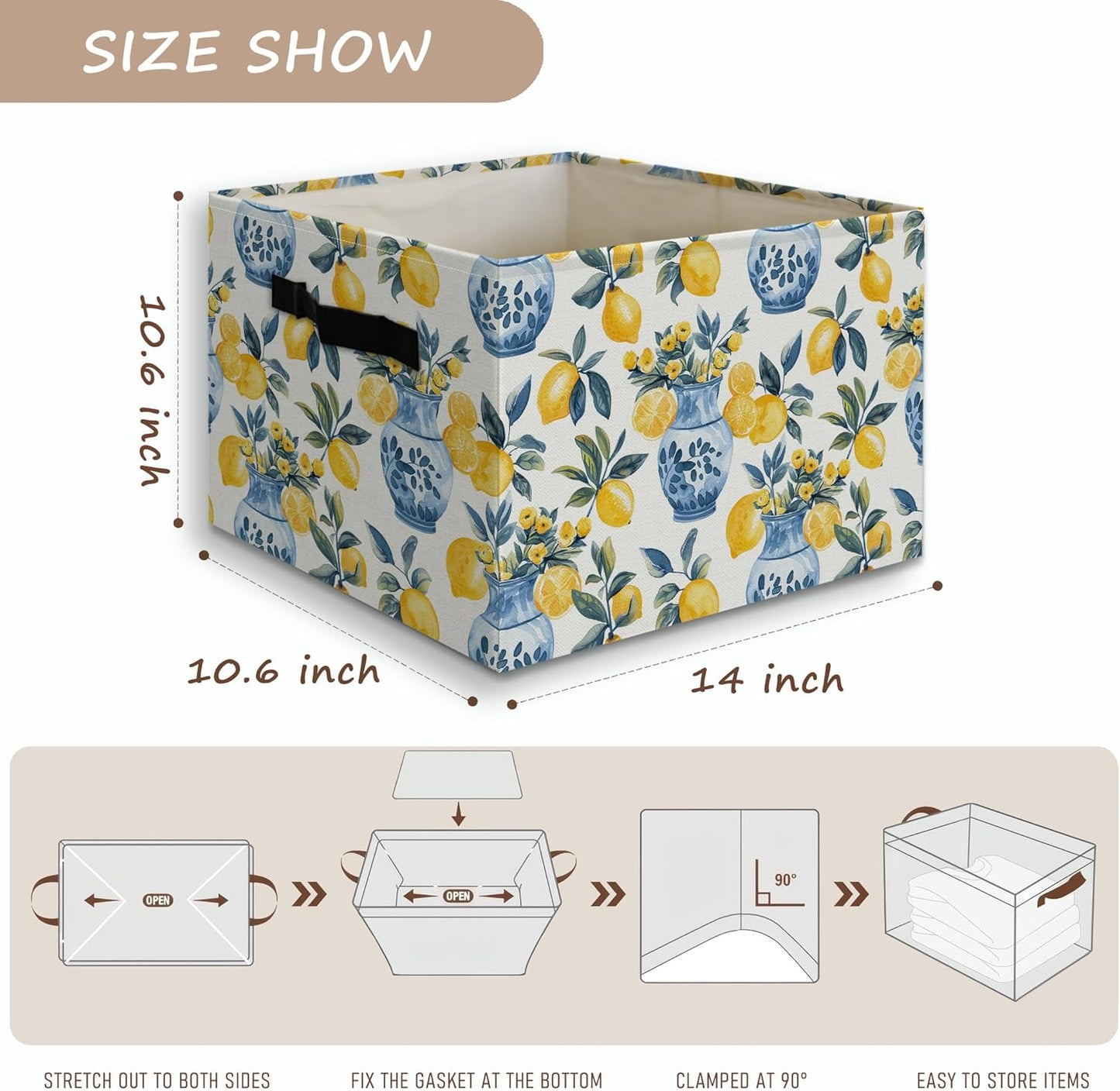 Chinoiserie Italian Lemon Floral Foldable Storage Bins Box with Handles, Mediterranean Blue and White Lemon Botanical Collapsible Organizer Basket for Bedroom Bathroom Clothes Toys Books
