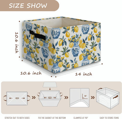 Chinoiserie Italian Lemon Floral Foldable Storage Bins Box with Handles, Mediterranean Blue and White Lemon Botanical Collapsible Organizer Basket for Bedroom Bathroom Clothes Toys Books