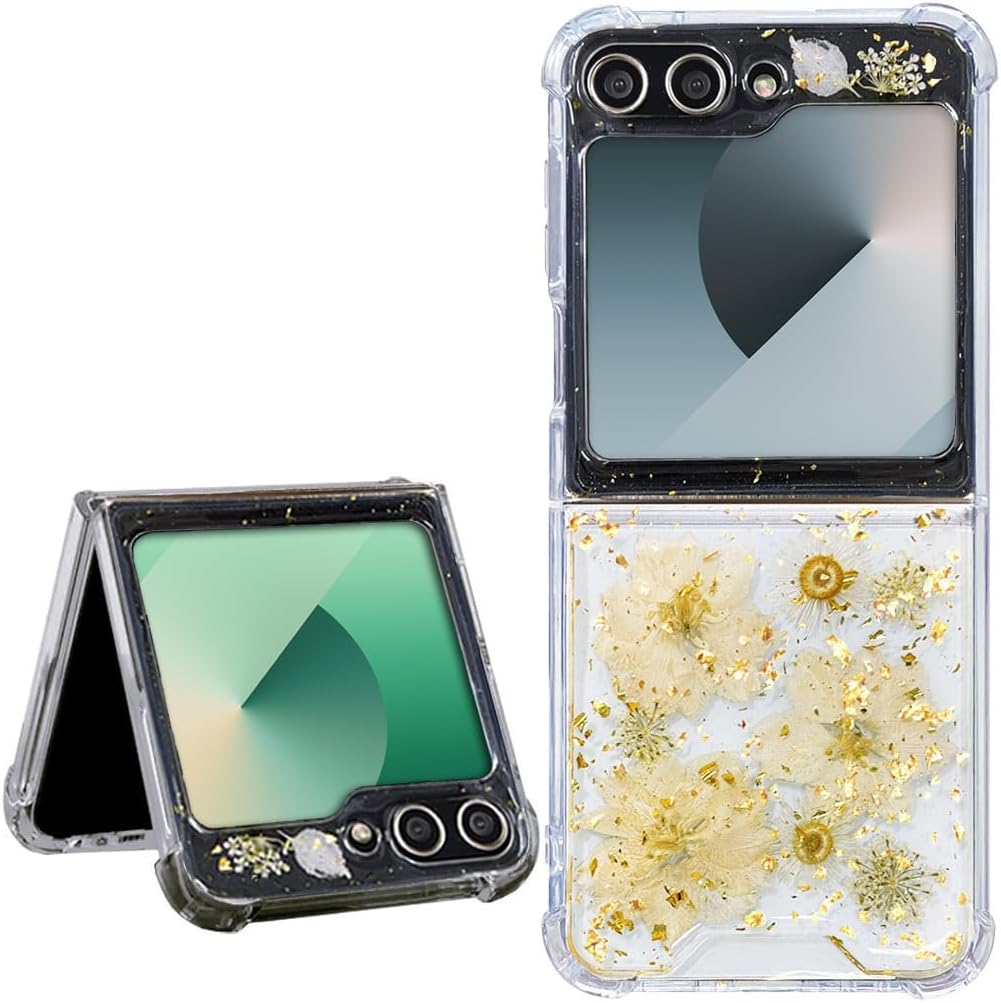 for Samsung Galaxy Z Flip 5/6/Z Flip 7 FE Case Cute Clear with Real Dried Pressed Flower Design-Glitter Daisy Yellow Floral Gold Sparkly Girly Aesthetic Women Protective Shockproof Phone Cover