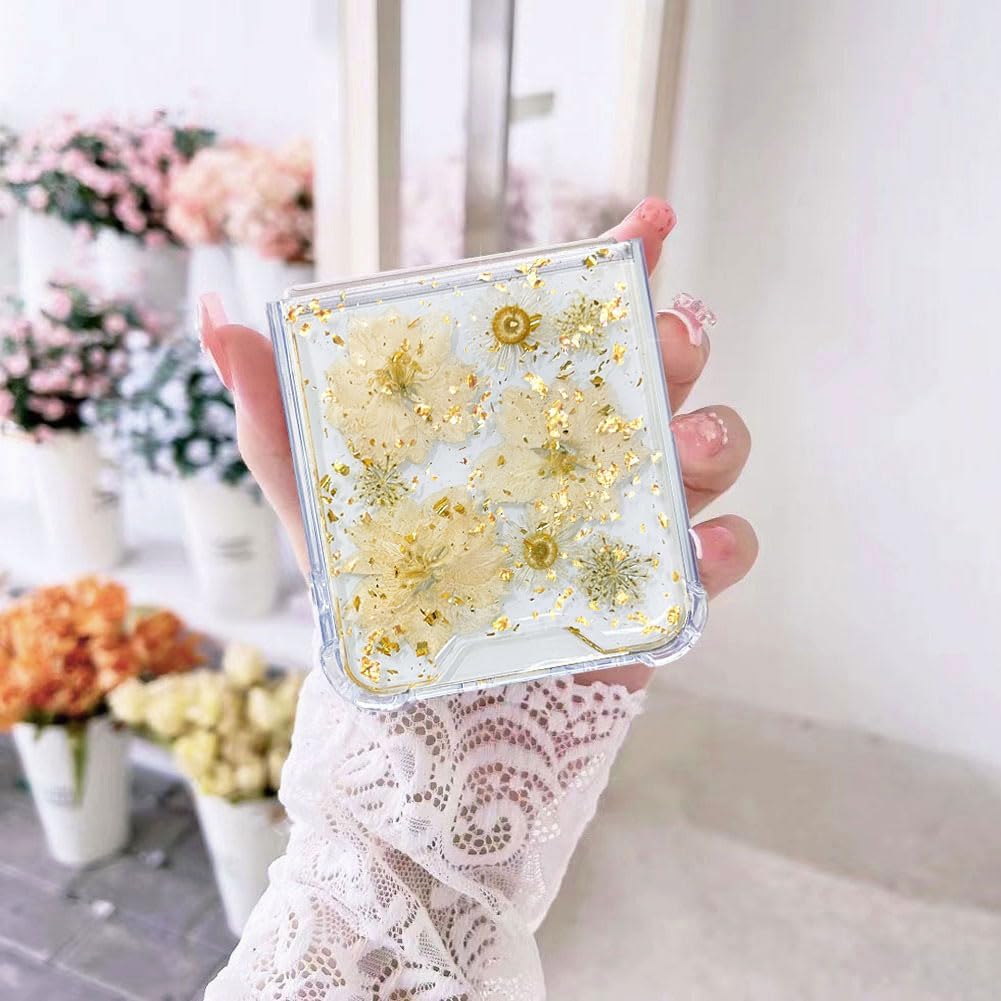 for Samsung Galaxy Z Flip 5/6/Z Flip 7 FE Case Cute Clear with Real Dried Pressed Flower Design-Glitter Daisy Yellow Floral Gold Sparkly Girly Aesthetic Women Protective Shockproof Phone Cover