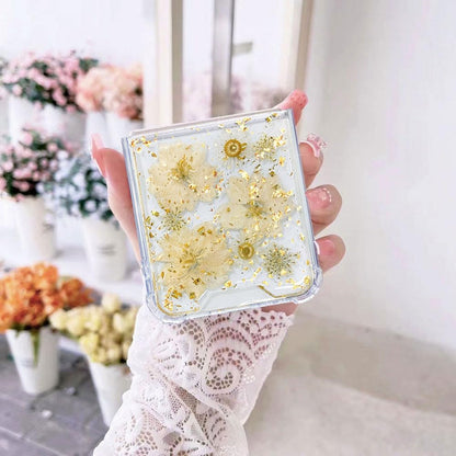 for Samsung Galaxy Z Flip 5/6/Z Flip 7 FE Case Cute Clear with Real Dried Pressed Flower Design-Glitter Daisy Yellow Floral Gold Sparkly Girly Aesthetic Women Protective Shockproof Phone Cover