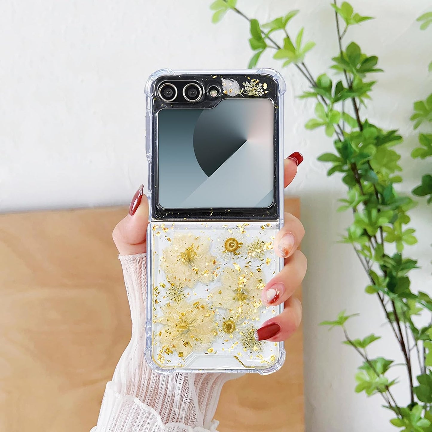 for Samsung Galaxy Z Flip 5/6/Z Flip 7 FE Case Cute Clear with Real Dried Pressed Flower Design-Glitter Daisy Yellow Floral Gold Sparkly Girly Aesthetic Women Protective Shockproof Phone Cover