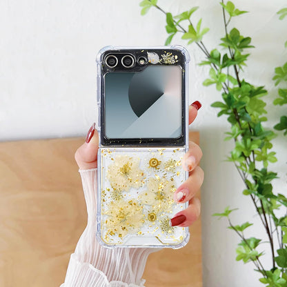 for Samsung Galaxy Z Flip 5/6/Z Flip 7 FE Case Cute Clear with Real Dried Pressed Flower Design-Glitter Daisy Yellow Floral Gold Sparkly Girly Aesthetic Women Protective Shockproof Phone Cover