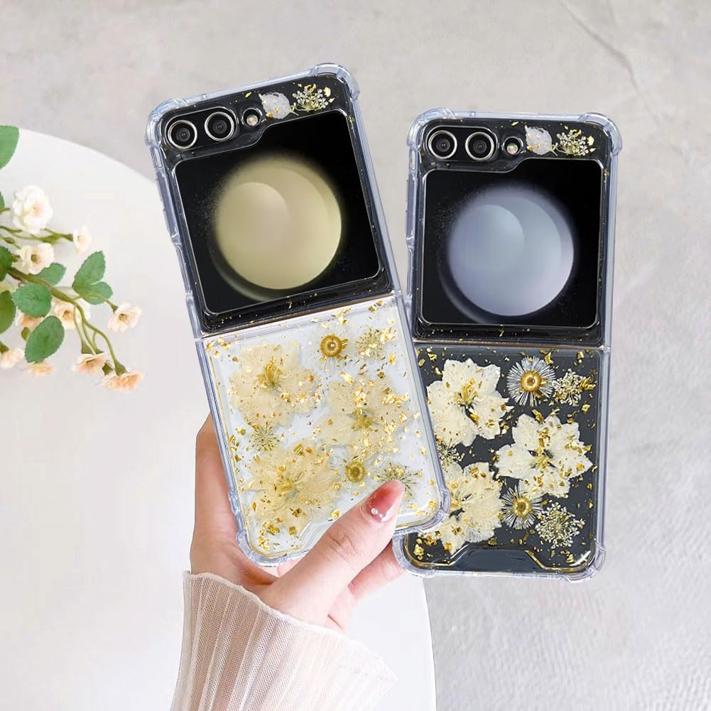 for Samsung Galaxy Z Flip 5/6/Z Flip 7 FE Case Cute Clear with Real Dried Pressed Flower Design-Glitter Daisy Yellow Floral Gold Sparkly Girly Aesthetic Women Protective Shockproof Phone Cover