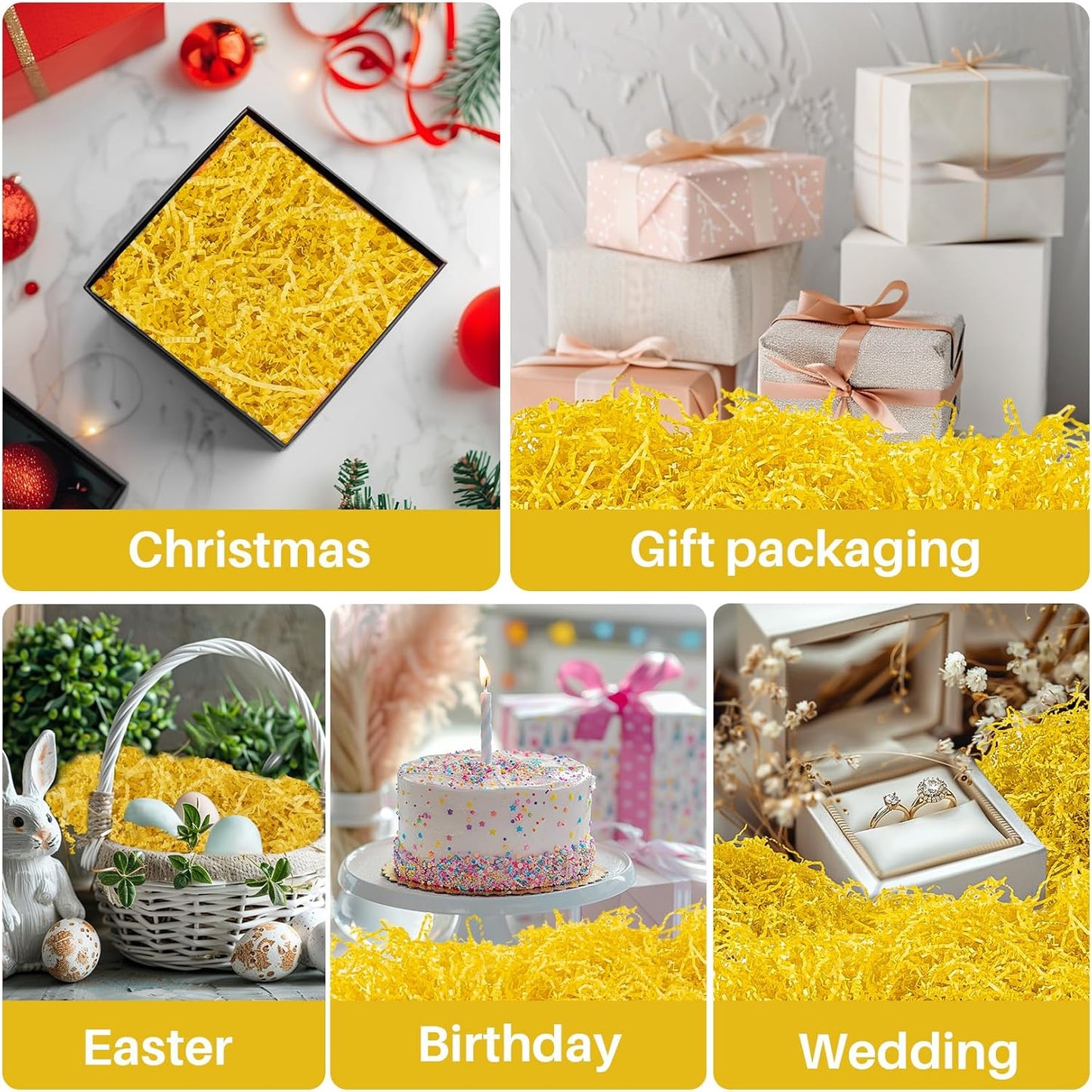 Yellow Crinkle Paper Filler - Shredded Paper, Gift Basket & Box Wrap | Confetti Stuffing for Christmas, Halloween, Thanksgiving, Valentine's Day, Easter, Mother's Day, Wedding, Birthday,5oz