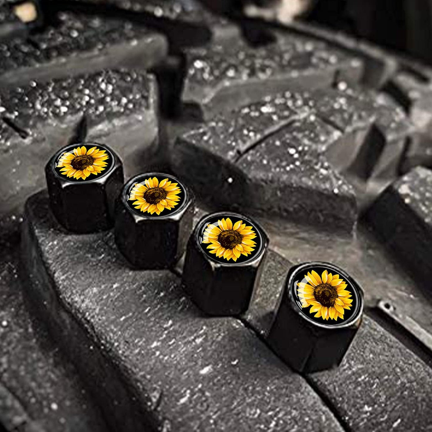 Metal Car Wheel Tire Valve Stem Caps 4 Pack Cool Sunflower Pattern Aluminum Car Tire Air Valve Caps For Cars, Trucks, Bikes, Motorcycles, Bicycles, Corrosion Resistant