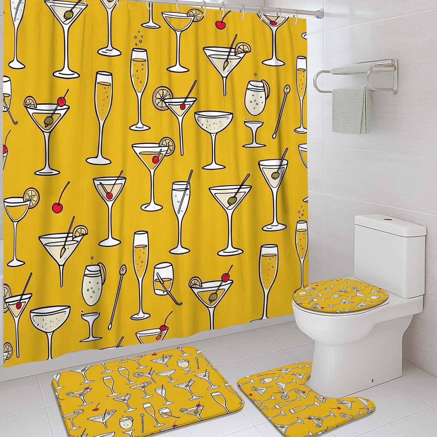 Cocktail Shower Curtain Sets, Summer Festive Champagne Lemon Summer Yellow Washable with Hooks Bathroom Sets with Shower Curtain and Rugs for Bathtub Toile Guest Room Decor 72x72 Inch
