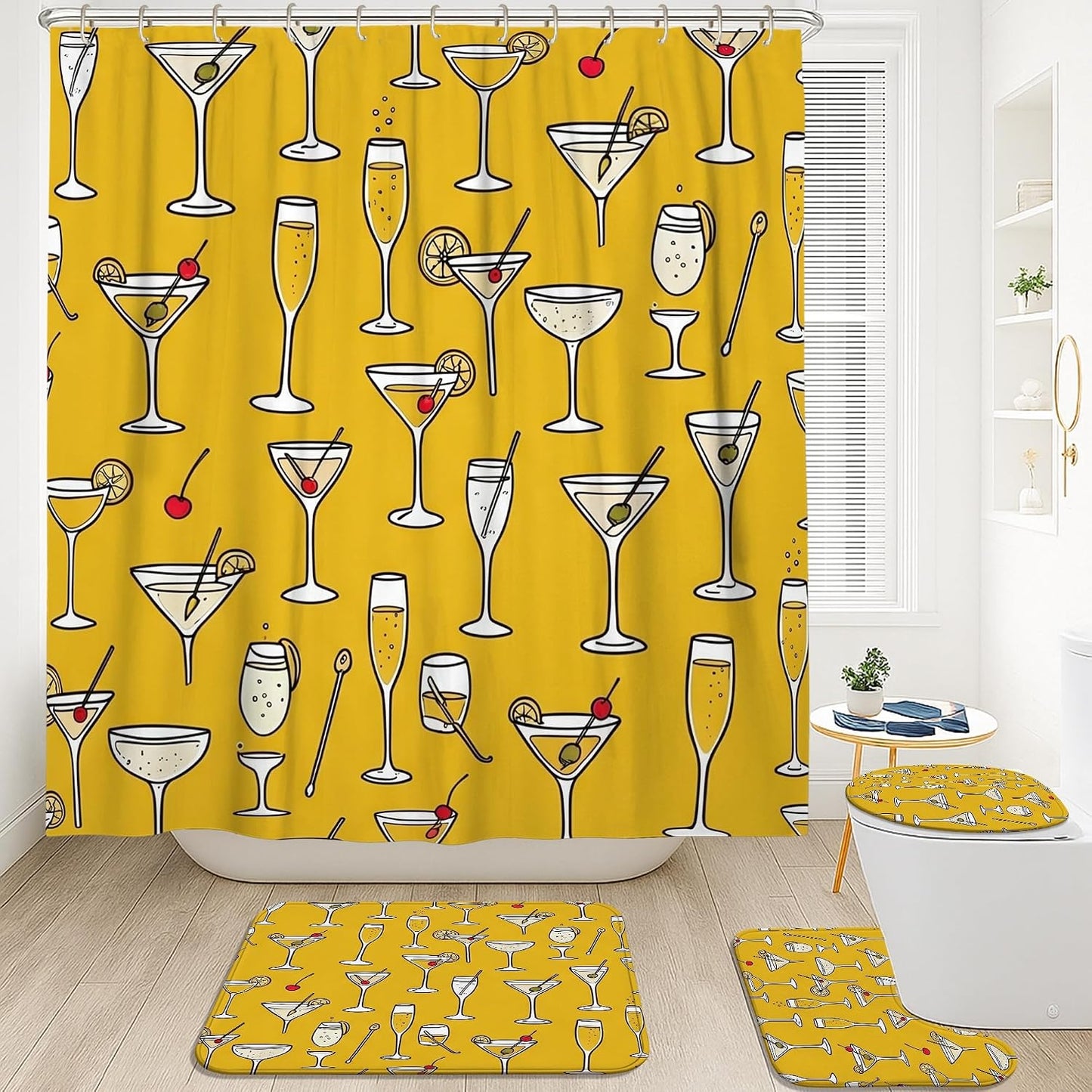 Cocktail Shower Curtain Sets, Summer Festive Champagne Lemon Summer Yellow Washable with Hooks Bathroom Sets with Shower Curtain and Rugs for Bathtub Toile Guest Room Decor 72x72 Inch