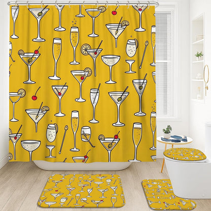 Cocktail Shower Curtain Sets, Summer Festive Champagne Lemon Summer Yellow Washable with Hooks Bathroom Sets with Shower Curtain and Rugs for Bathtub Toile Guest Room Decor 72x72 Inch