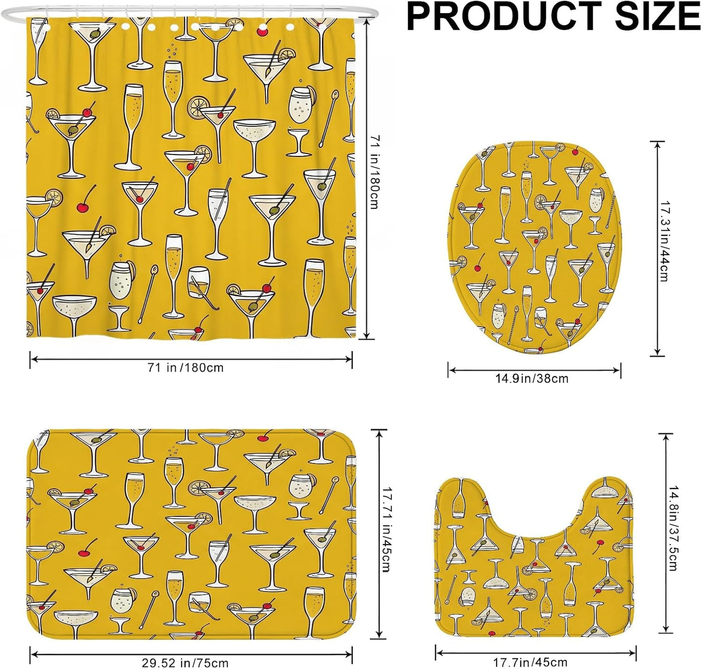 Cocktail Shower Curtain Sets, Summer Festive Champagne Lemon Summer Yellow Washable with Hooks Bathroom Sets with Shower Curtain and Rugs for Bathtub Toile Guest Room Decor 72x72 Inch