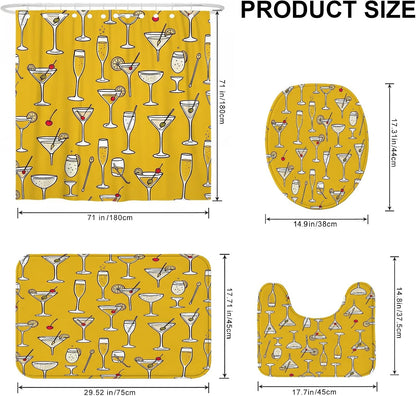 Cocktail Shower Curtain Sets, Summer Festive Champagne Lemon Summer Yellow Washable with Hooks Bathroom Sets with Shower Curtain and Rugs for Bathtub Toile Guest Room Decor 72x72 Inch