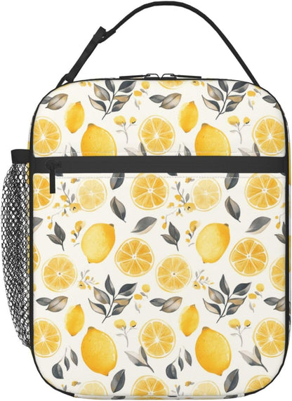 Lunch Bag Lemon Watercolor Fruit Insulated Bento Box Cooler with Side Pocket for Girl Boy Women Men Work School Picnic Hiking Daytrip