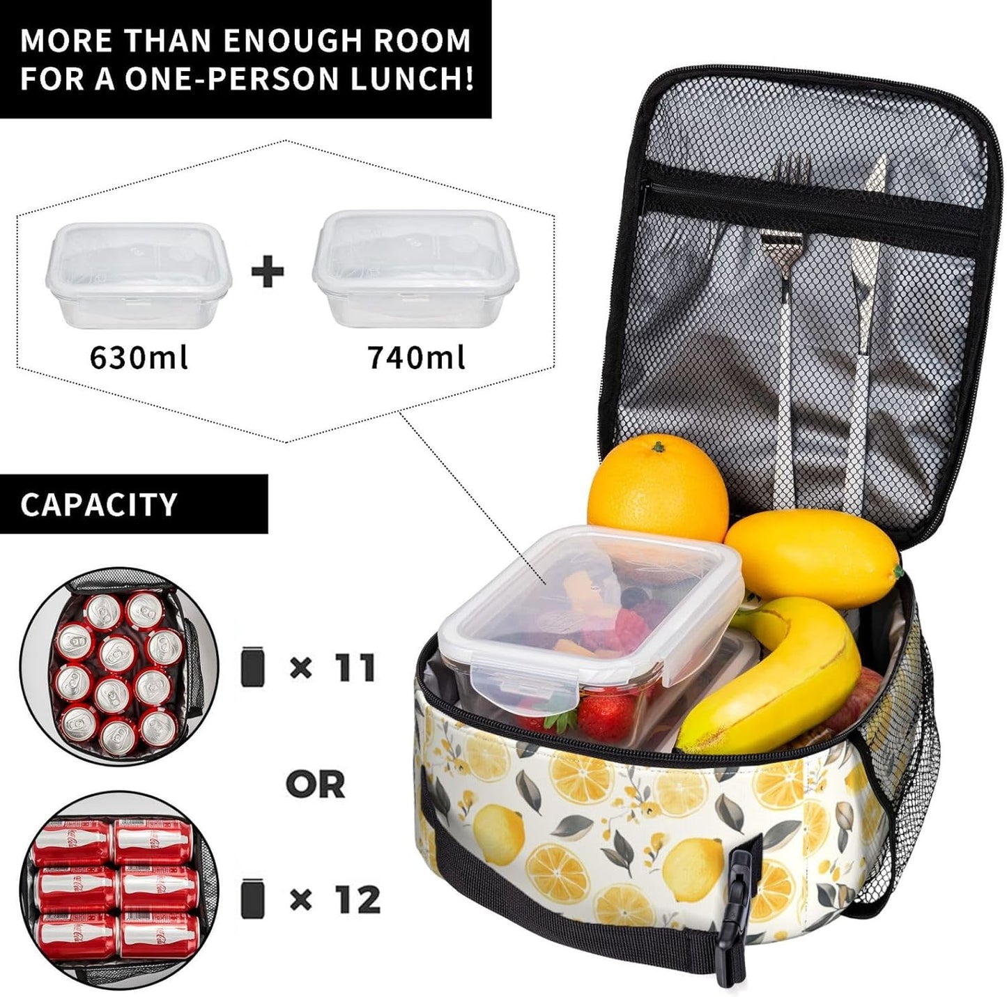 Lunch Bag Lemon Watercolor Fruit Insulated Bento Box Cooler with Side Pocket for Girl Boy Women Men Work School Picnic Hiking Daytrip