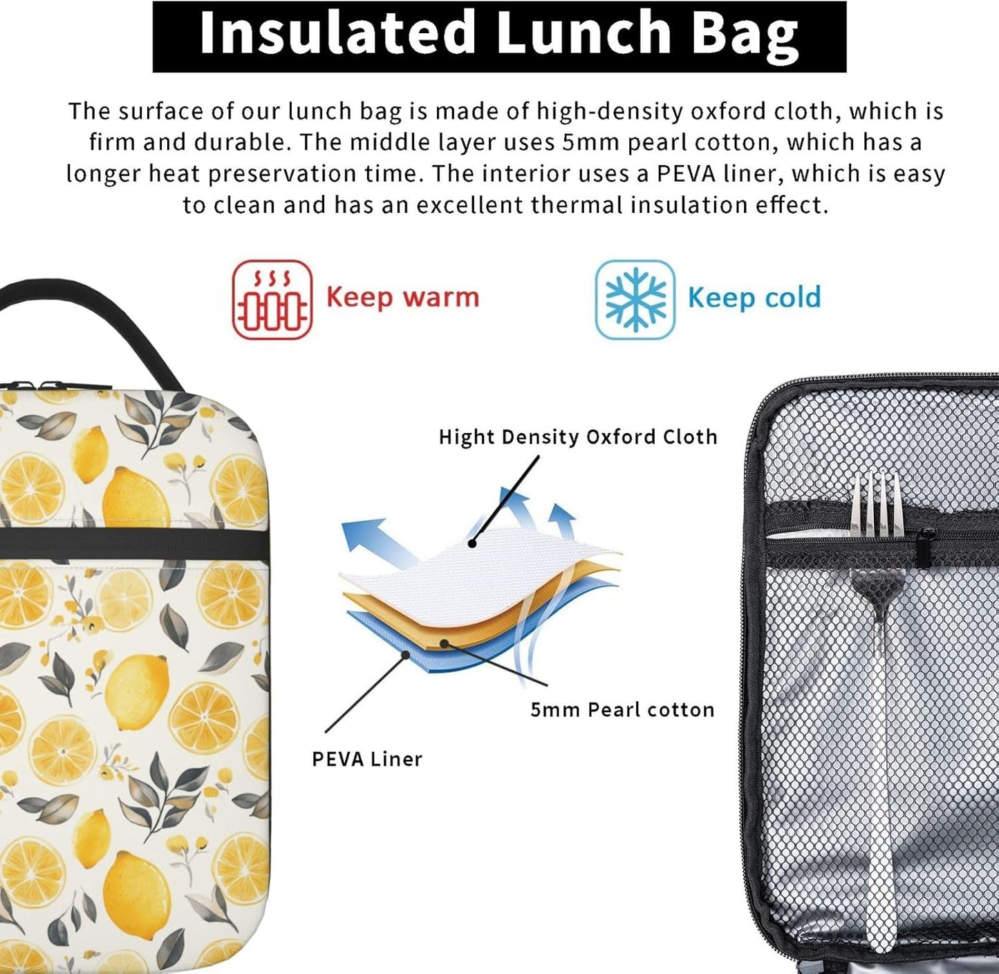 Lunch Bag Lemon Watercolor Fruit Insulated Bento Box Cooler with Side Pocket for Girl Boy Women Men Work School Picnic Hiking Daytrip