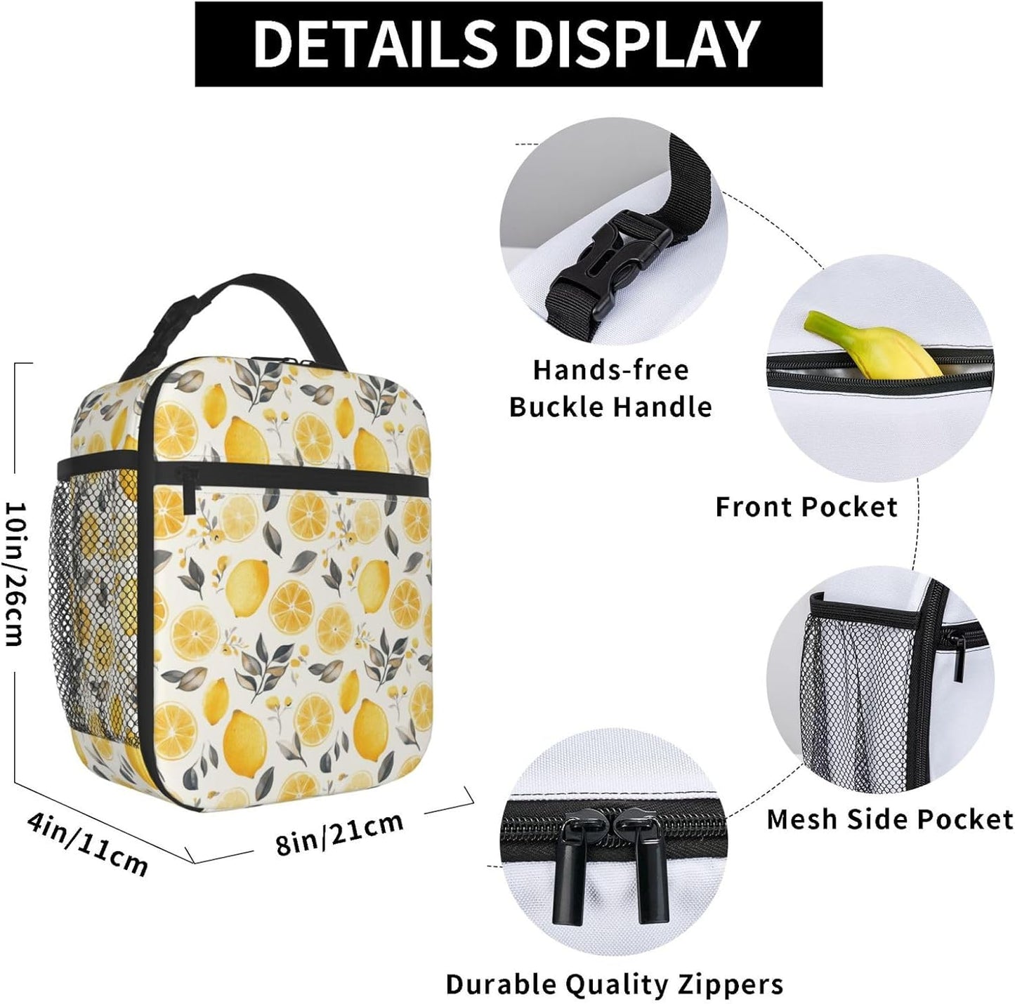 Lunch Bag Lemon Watercolor Fruit Insulated Bento Box Cooler with Side Pocket for Girl Boy Women Men Work School Picnic Hiking Daytrip