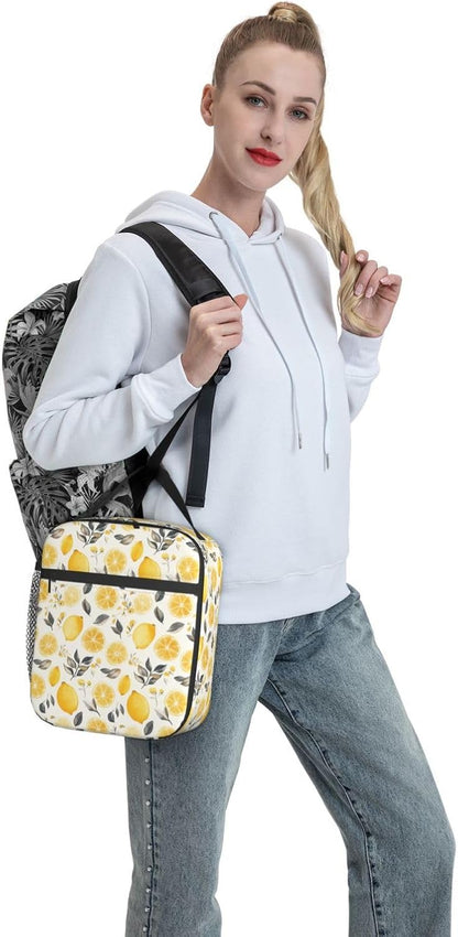 Lunch Bag Lemon Watercolor Fruit Insulated Bento Box Cooler with Side Pocket for Girl Boy Women Men Work School Picnic Hiking Daytrip