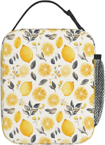 Lunch Bag Lemon Watercolor Fruit Insulated Bento Box Cooler with Side Pocket for Girl Boy Women Men Work School Picnic Hiking Daytrip